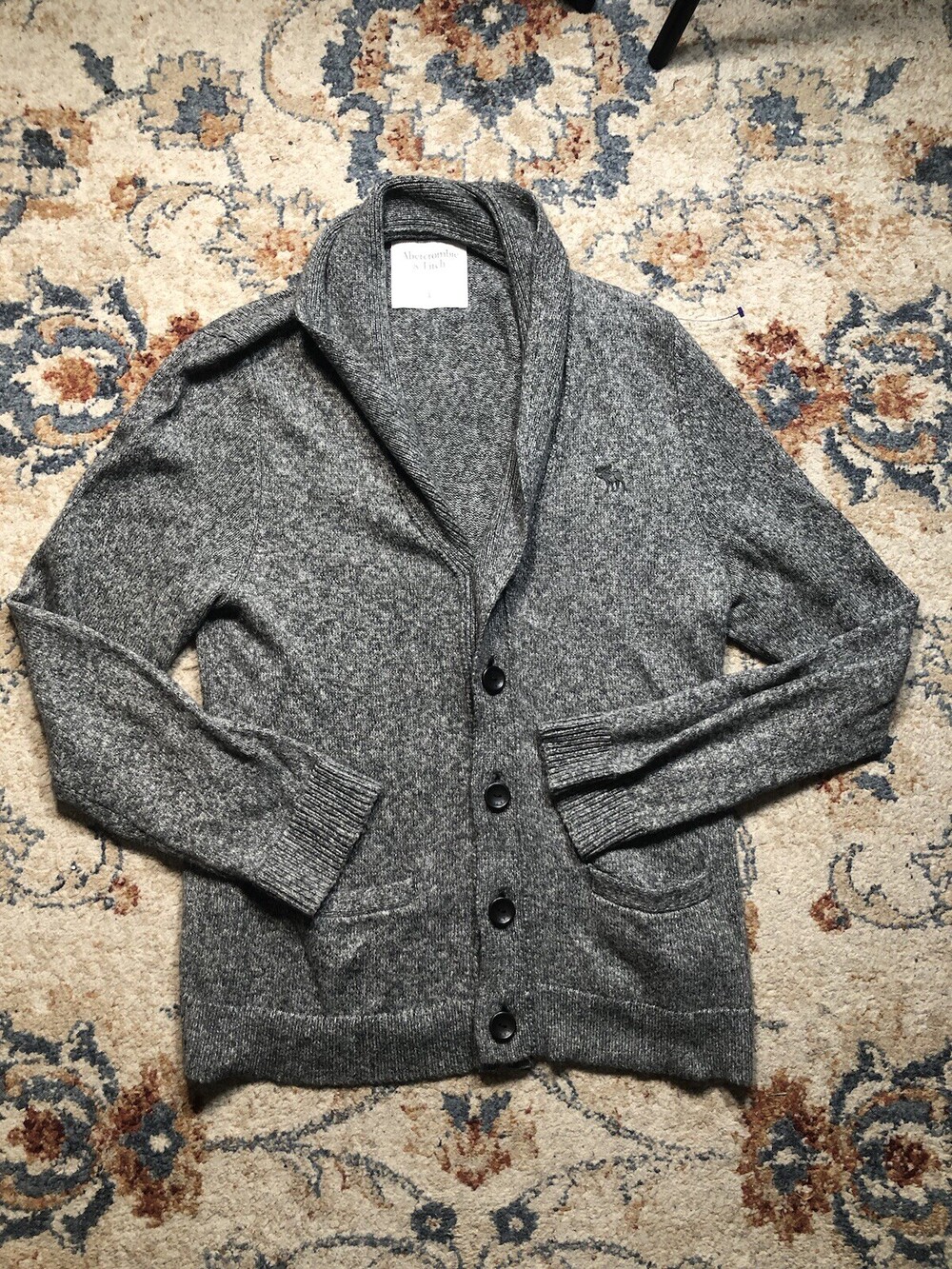 Abercrombie & Fitch Cardigan Sweater Mens Large Gray Preppy Waffle Knit Pockets